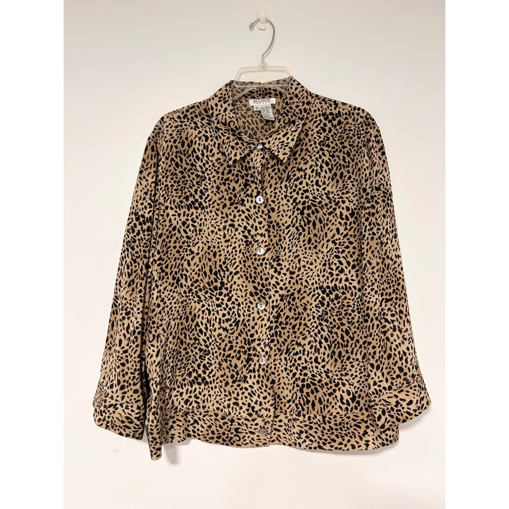 Allison Taylor Beige and Black Leopard Print Button-Front Blouse